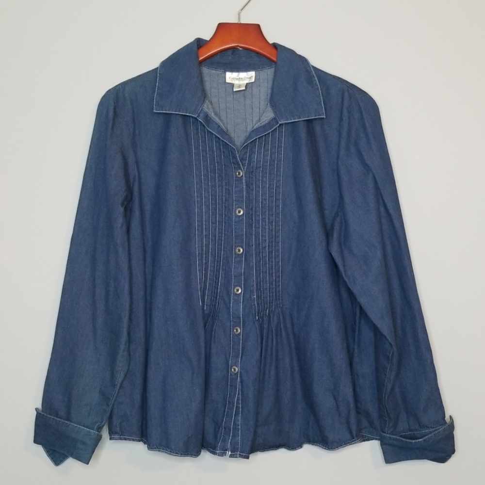 {Coldwater Creek} Pleated Denim Button Down Top